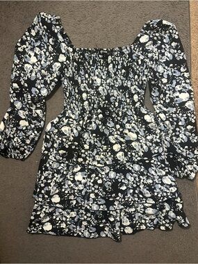 Smocked Off-Shoulder Floral Mini Dress - Black/White/Blue